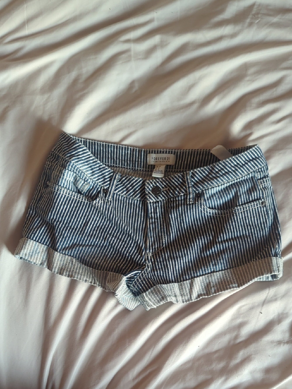 Forever 21 Blue & White Striped Denim Cuffed Shorts